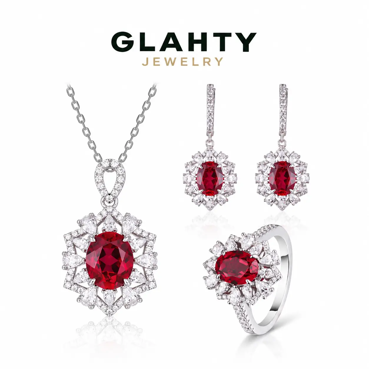 【Y019】Glahty Jewelry Lab-Grown Ruby 3-Piece Jewelry Set, Oval Cut S925 Sterling Silver Necklace, Earrings & Ring for Women, Sparkling Halo Design