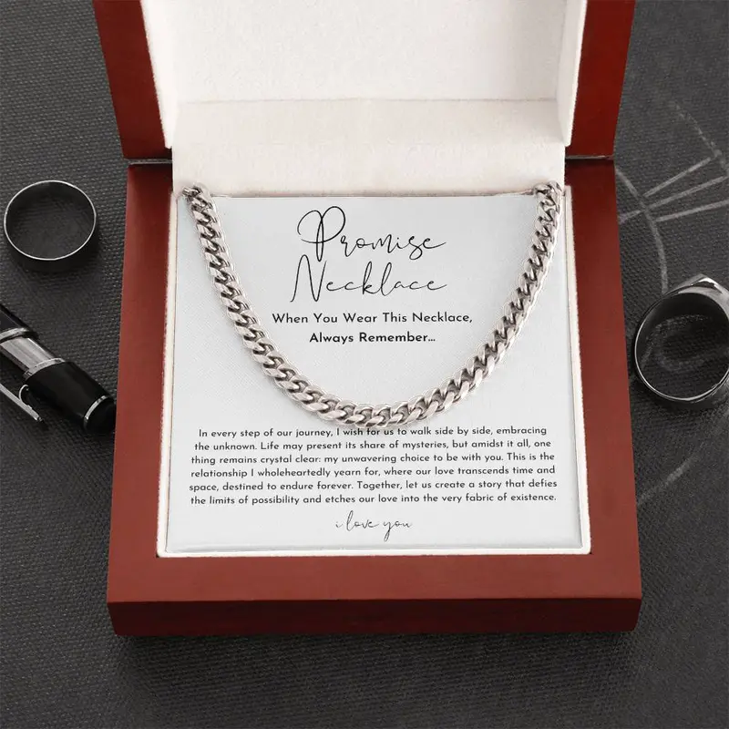 Promise Necklace for Boyfriend Husband, Waterproof Non-Tarnish Stainless Steel Cuban Link Chain, Mens Non-Tarnish Jewelry Accessory, Love & Commitment Symbol with LED Wooden Box, Gifts For Boyfriend, Gift for Anniversary, Christmas or Valentine's Day