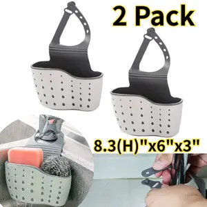 2Pack Adjustable Snap-On Sink Caddy - 8.3(H)"x6"x3" Plastic Hanging Drain Basket for Sponges & Gadgets, Space-Saving Design Easy Installation Sponge Holder for Kitchen Organiser Racks splash guard Strap Hangable