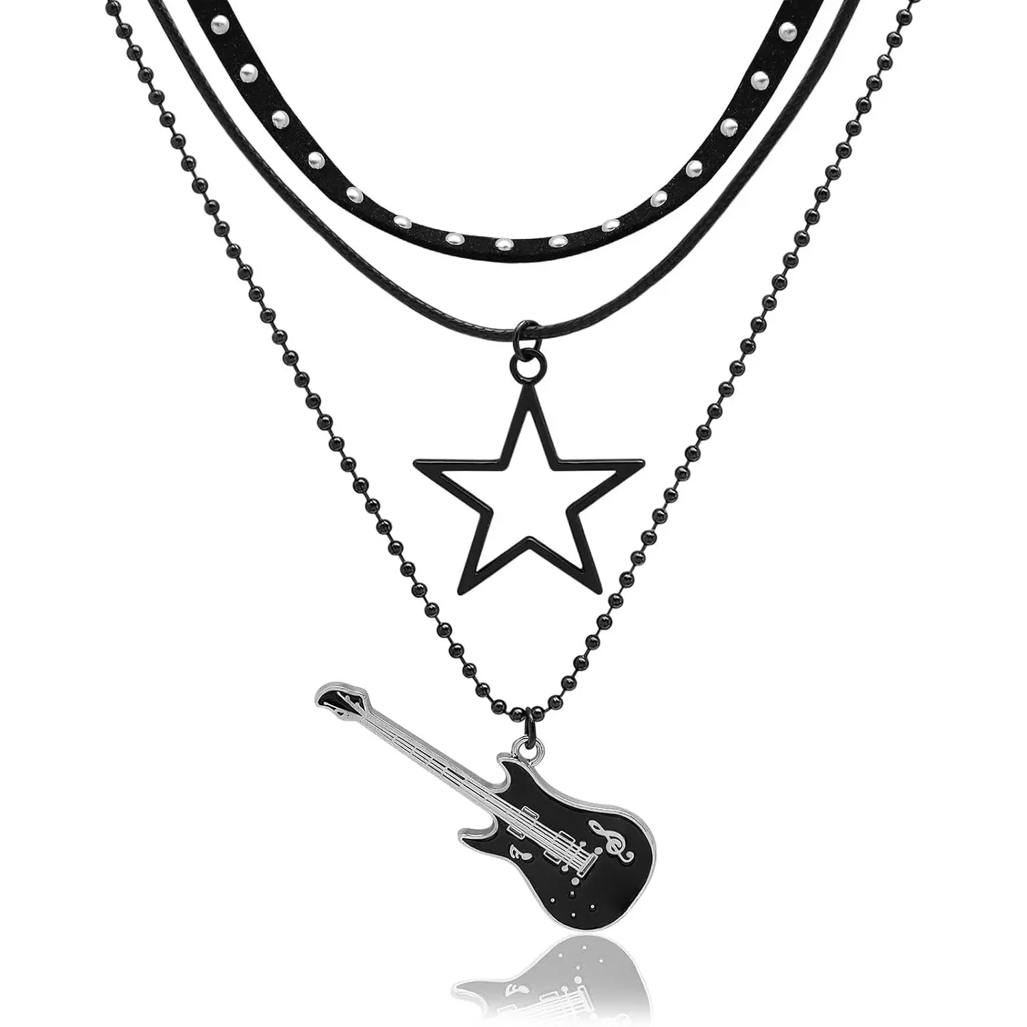 Layered Grunge Y2k Star Necklaces Set for Women Men Gothic Star Choker Necklace Punk Rock Roll Guitar Necklace Layered Grunge Accessories for Women Punk Rock Outfits Jewelry Gift