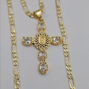 cross with virgin mary figaro chain gold-plated