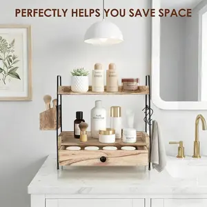 2-Tier Bathroom Counter Organizer with Drawer and Basket, multi-purpose Wood Countertop Organizer for multilayer Storage, Skincare Organizers for Vanity, Counter Shelf for Bathroom Organization kitchen durable makeup multi-function beauty holder
