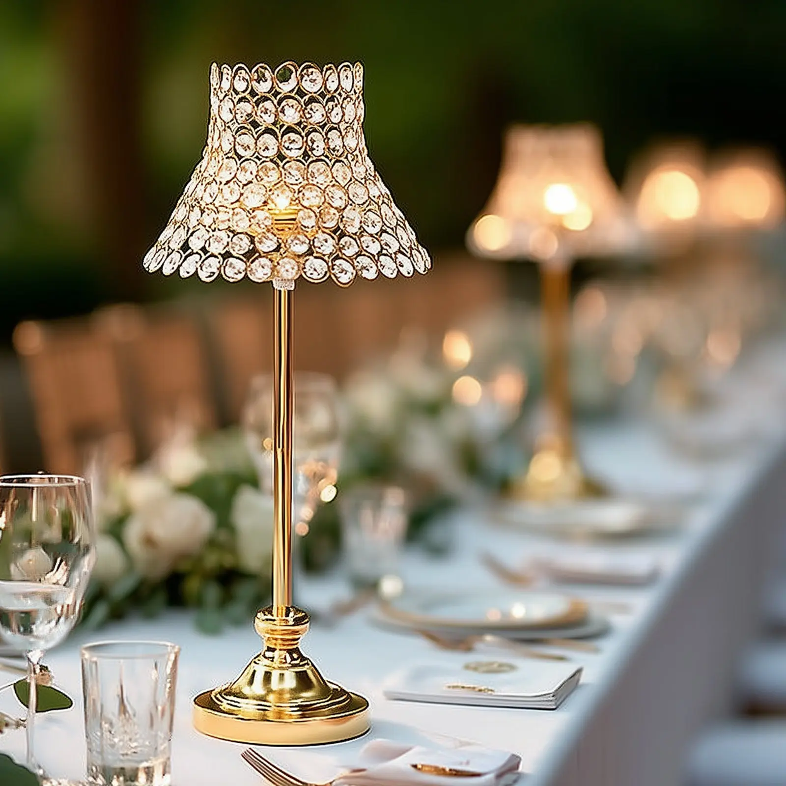 24" Tall Gold Candlestick Holders - Crystal Beaded Metal Candle Stand with Lamp-Inspired Shade, Living Room Table Decor for Weddings & Events, House & Room Decor Accessories, Interior Decoration Accessories