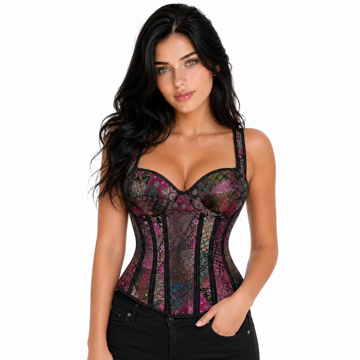 Women's Gothic Jacquard Shoulder Straps Tank Overbust Corset Bustiers Halloween Gothic Party Outfit 1569-T1