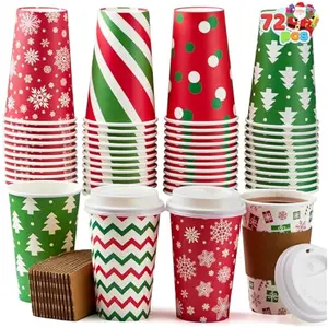 72 PCS Christmas Disposable Party Paper Cups, 16 oz Merry Christmas Coffee Cups With Sleeves and Lids, 6 Designs Xmas Tea Drinkware, Beverages Tableware Holiday Supplies Favors