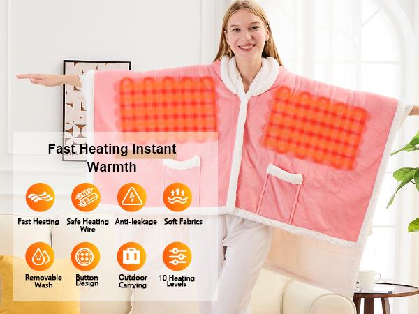 greenoak Wearable Heating Blanket Electric Shawl - Adult Heating Robe Cloak Blanket Hoodie, Wiend, Grandma, 5-person Timer, 10 Heating Levels, Grey