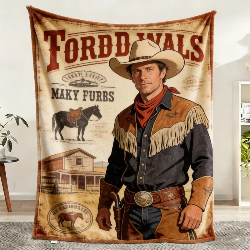 Rustic Western Cowboy Blanket, 280gsm Soft Flannel Fleece Throw Blanket, Vintage Wild West Cowboy Print with Horse & Ranch, Country Western Home Decor for Couch Bed, Gifts for Cowboy Fans