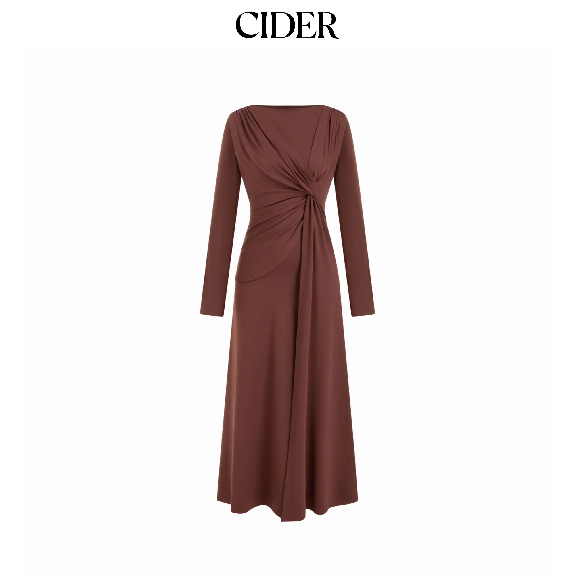 Cider Boat Neck Asymmetrical Twist Ruched Maxi Dress