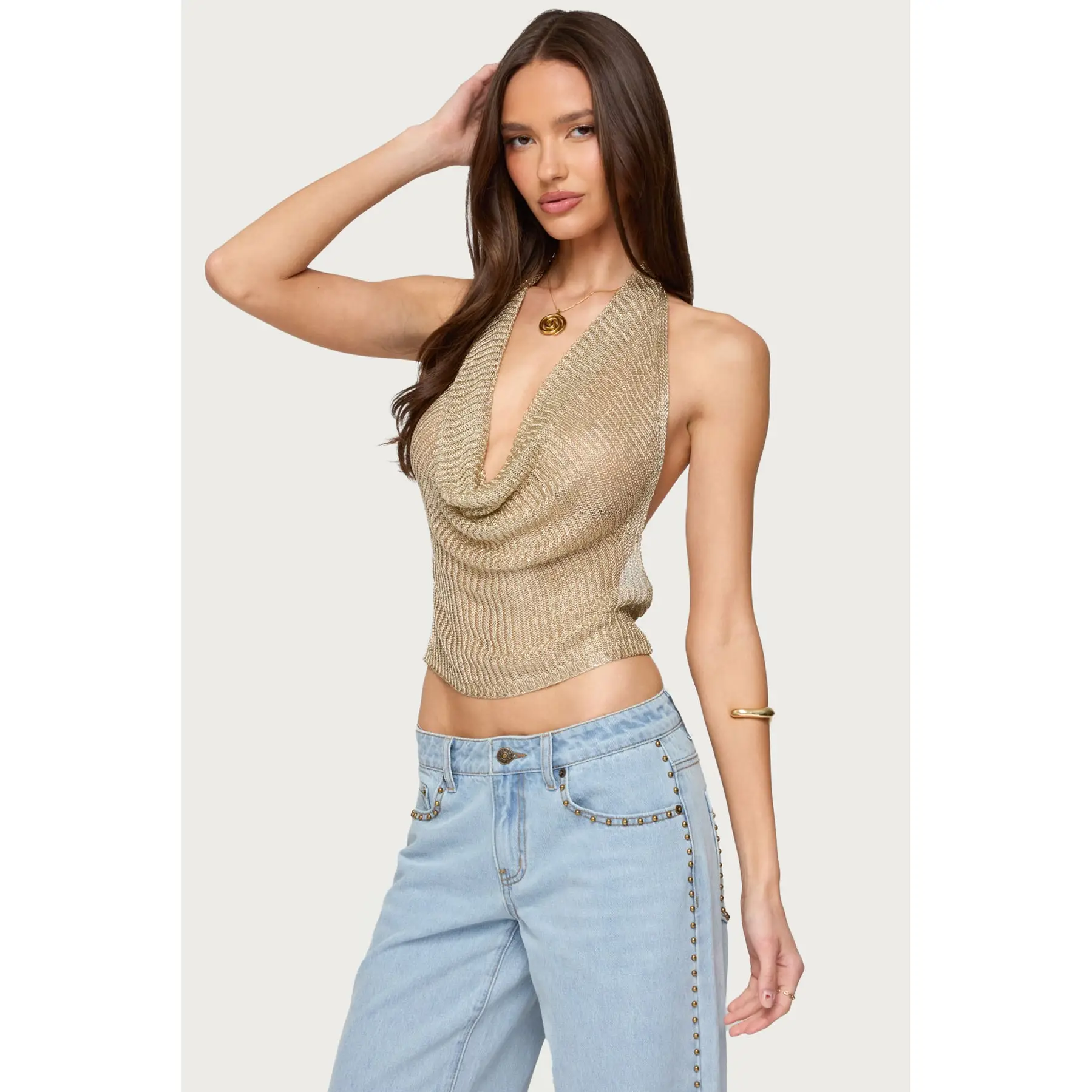 Shiny Knit Cowl Neck Backless Top