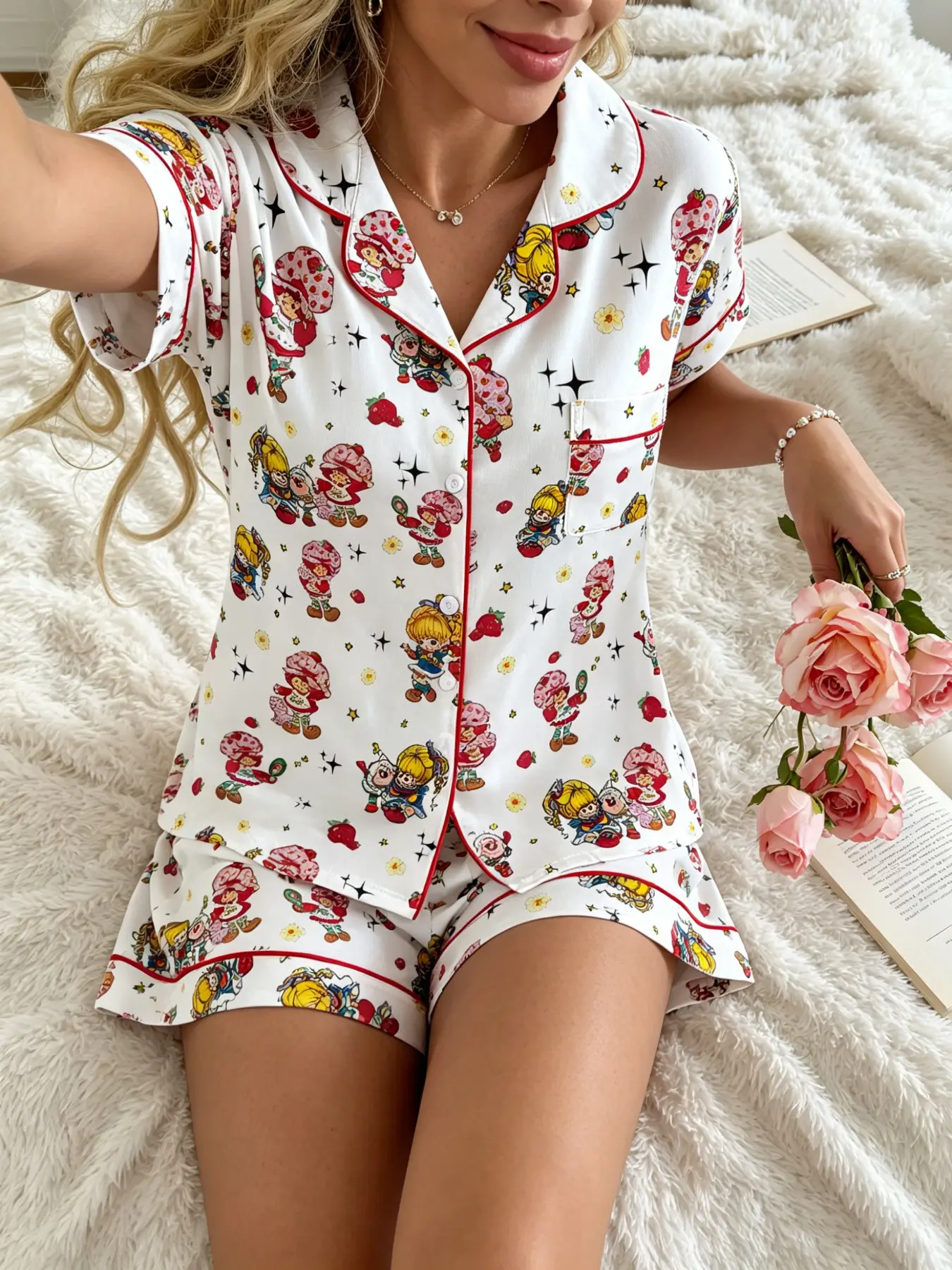 Women's Retro Strawberry Girl Print Pajama Set Nightwear, Short Sleeve Open Front Two-Piece Matching Loungewear, Perfect for Lazy Days and Sleepover Parties Pjs