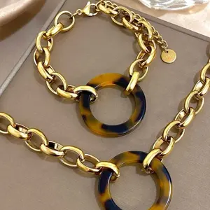 2pcs/1Pc 18K Gold Plated Stainless Steel Elegant Chain Necklace & Bracelet Set With Tortoise Shell Acrylic Circle For Women Girls, Mom Gift Christmas Thanksgiving Halloween Wedding Rave/Prom/Party/Daily/Beach Accessories Boho Chunky Autumn Winter Jewelry