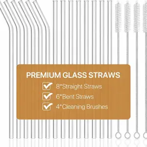18-Pack Glass Straws, Reusable Clear Glass Drinking Straws Set, 8.5 Inch x 10mm - Includes 8 Straight and 6 Bent with 4 Straw Cleaner Brush, Perfect for Smoothies, Milkshakes, Juice, Tea