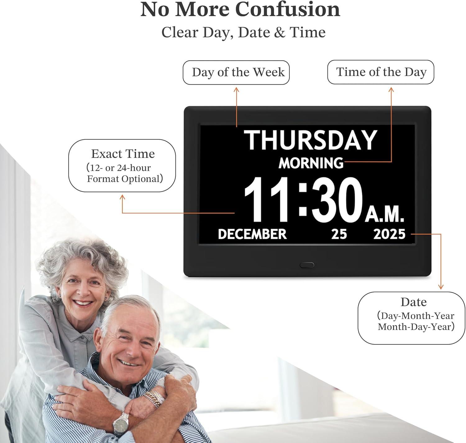 7'' Dementia Clock For Seniors, Large Display Digital Clock With Date, Time, Day Of Week for Elderly, Memory Loss, Alzheimer, 1024*600P HD, 10 Reminders & 6 Alarms, Auto Dimming & DST, Remote Control