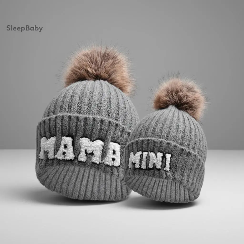 Family Match 2 x Beanie Hats Set, Knit Embroidered Winter Warm Woolen Hats for Mother & Kids, Knitted Beanie Hat, Toddler Winter Hat