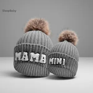 Parent-Child Beanie Hat Mother & Kids Winter Warm Knit Hat Letter Embroidery Family Matching Crochet Cap Parent-Child Knitted Cap