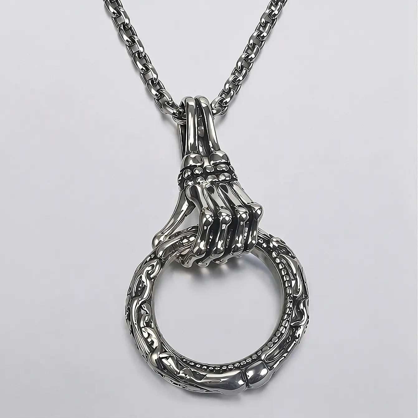 Copper-Silver Plated 3D Skeleton Hand Gothic Pendant Necklace for Male Wear, 45cm Chain, Original Design Jewelry, Ideal Gift for Halloween Anniversary Promise Occasions, Copper Jewelry, Halloween Party, Gothic Dark