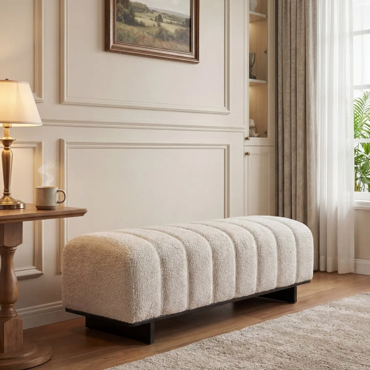 63.62×18.11×19.02 Inch Beige Faux Fur Dining Bench, Tufted Upholstered Bench with Rubber Wood Legs, 250 LBS High Capacity Plywood Frame Versatile Accent Bench for Entryway Living Room Dining Room
