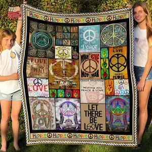 Hippie Sign Fleece Blanket, Premium Sherpa Blanket, Hippie Girl Blanket, Flower Blanket, Hippie Quilt