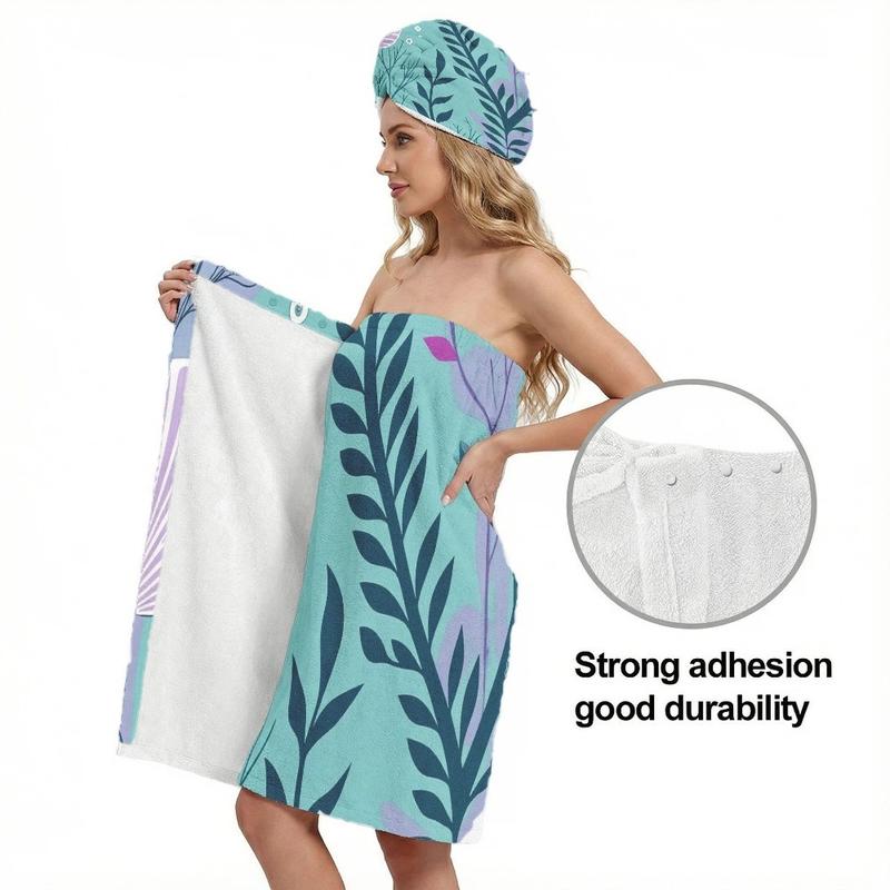2pcTurquoise Strapless Towel Wrap for Women with Dark Blue Leaf Pattern and Matching Head Wrap Post-Bath Perfect for Spa, Pool, Beach, and Travel Adjustable Shower Wrap Towel with Home Hotel Bath Towel Nightgown for Sauna Beach Pool Gym Travel