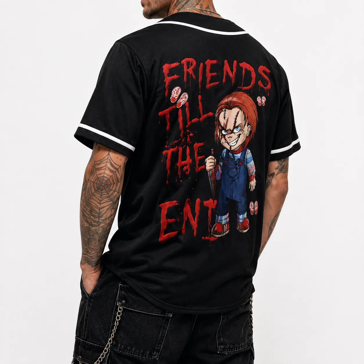 Horror Doll Baseball Jersey for Men and Women - Creepy Halloween Graphic Button Down Jersey - Spooky Gothic Baseball Shirt