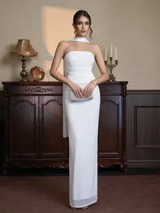 Backless Strapless Sleeveless Fitted Dress with Back Slit, Elegant Solid Design, Includes Scarf, Perfect for Wedding Party, Womenswear