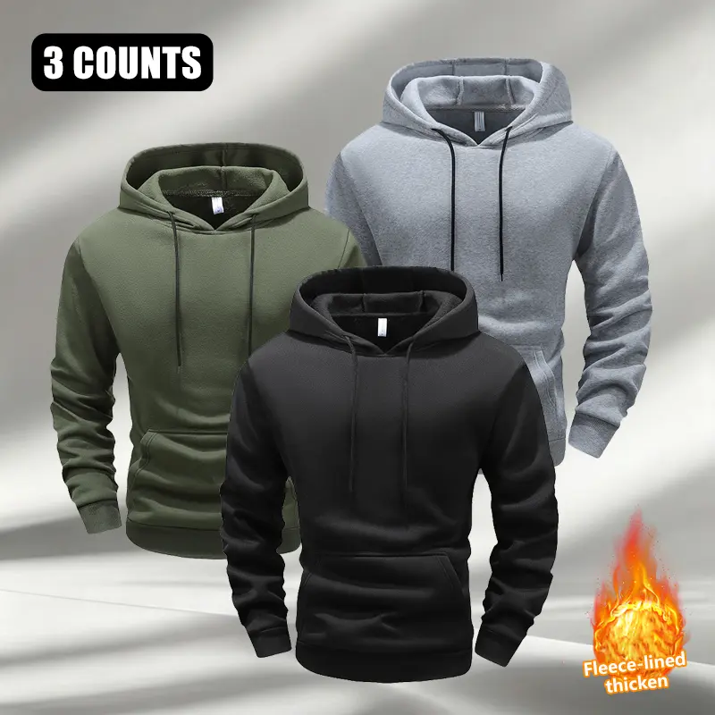 3-pack – Men’s solid-color casual hoodies, comfortable and breathable fleece pullover tops with drawstring hood and kangaroo pocket, suitable for everyday commuting and outdoor activities in autumn and winter
