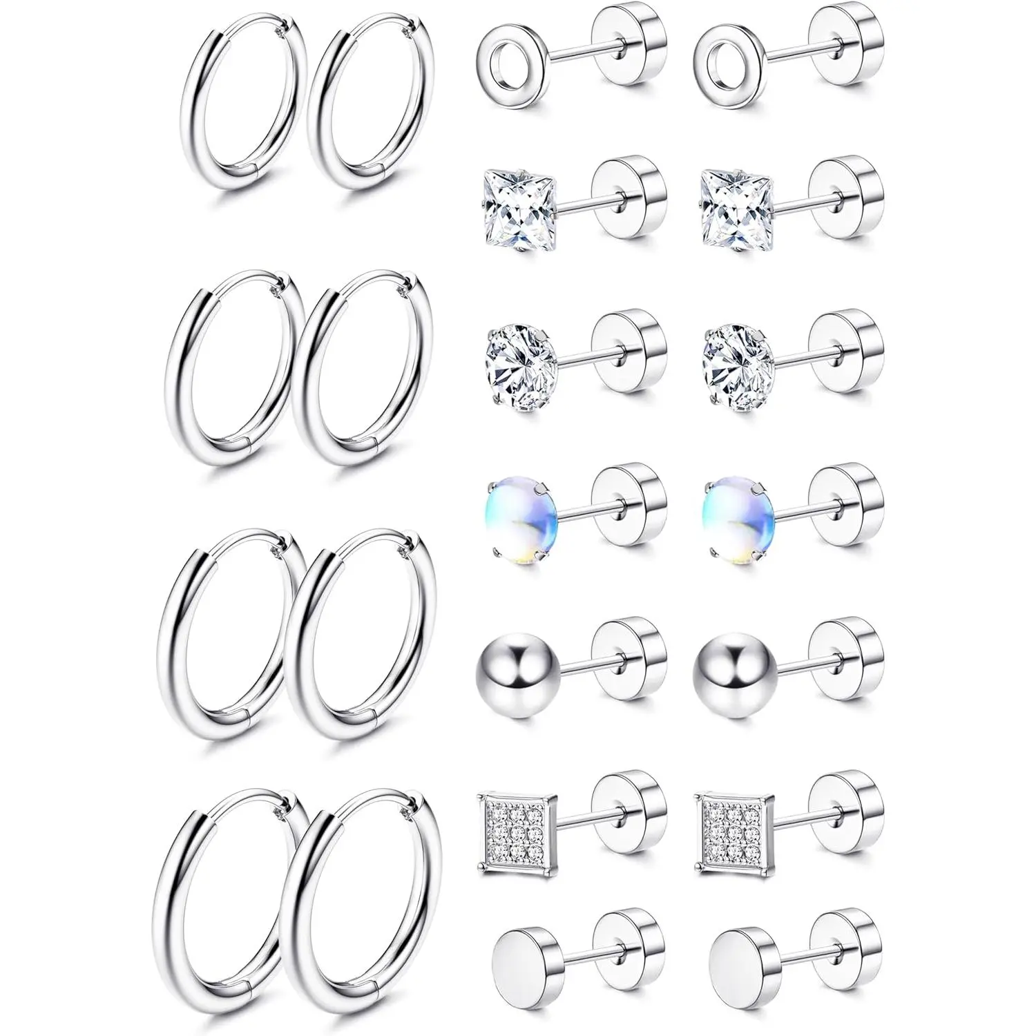 Earrings Set - 11-Pair Surgical Stainless Steel Studs & Hoops for Women & Male Piercings, Non-fading CZ Jewelry for Cartilage, Party, Sleep, Shower, Rhinestones, Stay Shiny, Unisex, 12Mm, 6Mm, Modern, Multi-Size, Party Wear, Secure Fit, Cz Accents, 8Mm