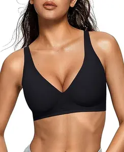 Womens Deep V Bras Wireless Comfortable Bra Supportive No Underwire Bras Tshirt Push Up Bralettes Plunge Seamless Bra