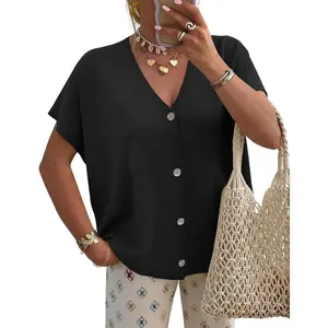 Short Cap Sleeve Casual Button Lightweight Knitted Trendy Sweater
