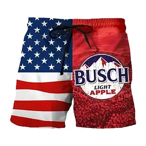Busch Light Red Apple Split American Flag Men's Swimwear Beach Shorts  - Summer Shorts - 4th of July Outfit - Patriotic Shorts - Party Shorts - Vacation Outfit - Beer Lovers Gift - USA Style - Tropical Shorts - Summer Shorts