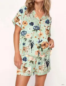 Goat Farm Floral Satin Pajama Set For Women, Breathable Lightweight Sleepwear