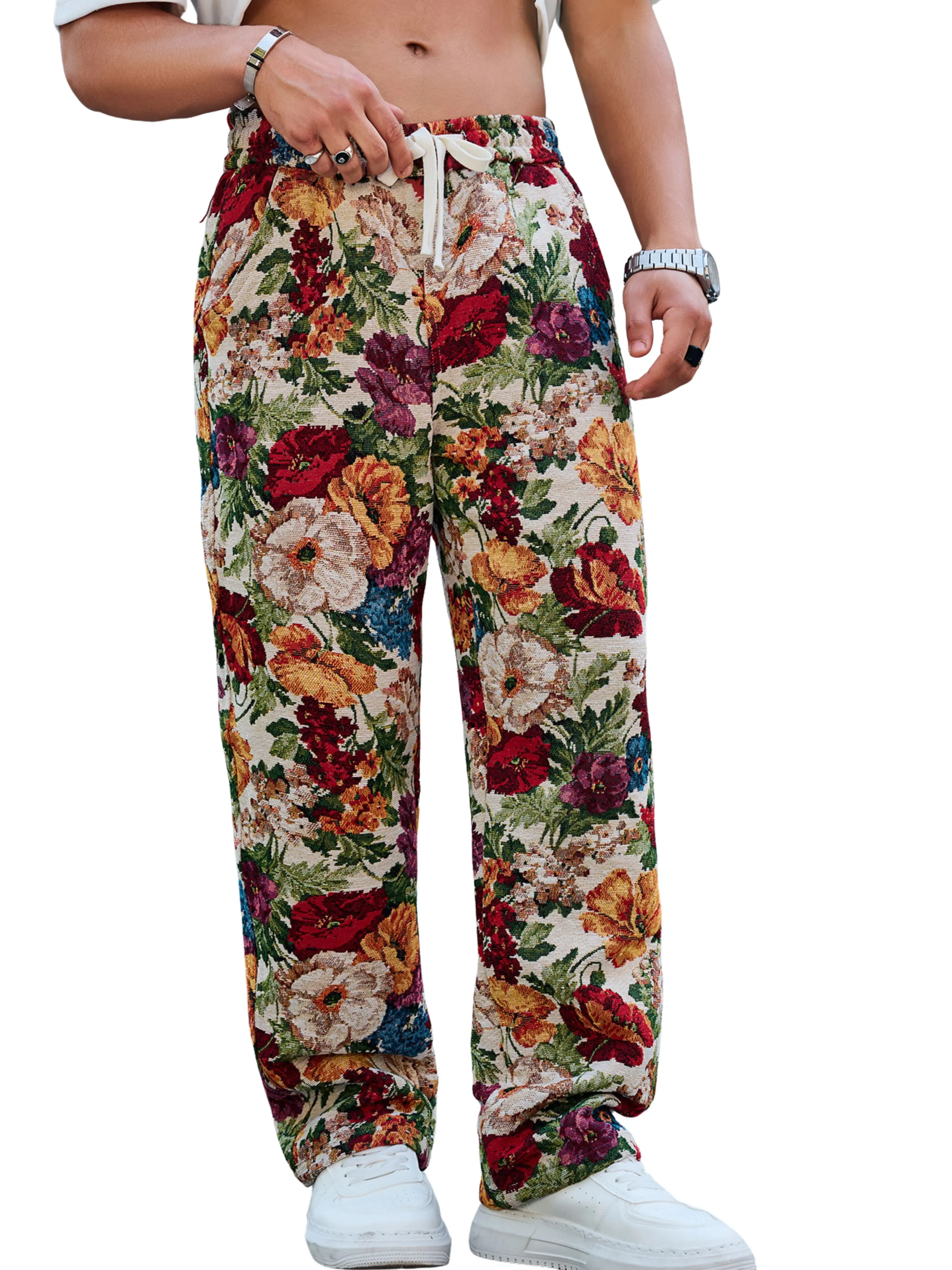 Men's Floral Print Cord-Adjustable Fitted Bottoms - Casual Wear Menswear Pants, Fashion Streetwear Statement Look Trouser