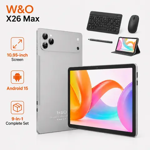 W&O Android Tablet 10.1-10.95 inch for Study Streaming, X17 Ultra/X26 Max with Keyboard Mouse Case Stylus Bundle, Android 15, 256GB Storage & microSD Support, SIM Card, Dual-Band WiFi, Long Battery Life for Online Learning & Video Calls