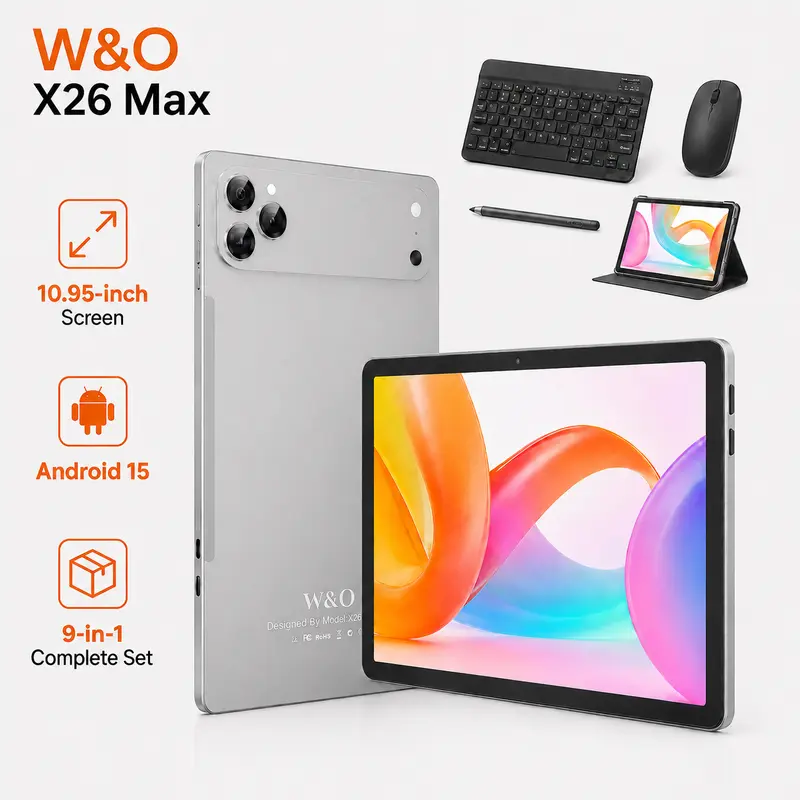W&O Android Tablet 10.1-10.95 inch for Study Streaming, X17 Ultra/X26 Max with Keyboard Mouse Case Stylus Bundle, Android 15, 256GB Storage & microSD Support, SIM Card, Dual-Band WiFi, Long Battery Life for Online Learning & Video Calls