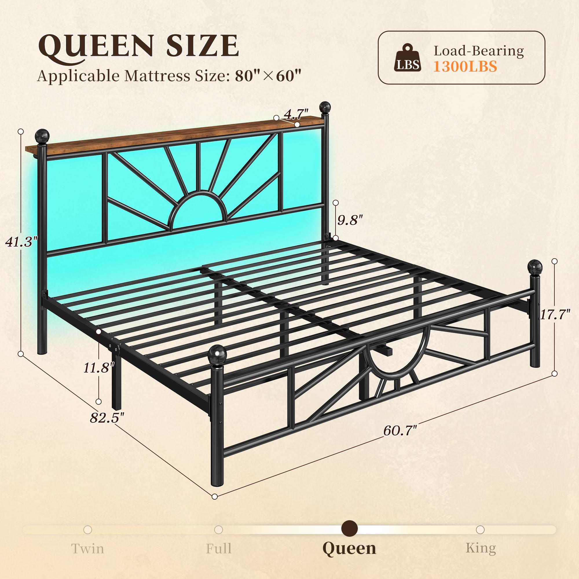 【1300 lbs Capacity】King Queen Full Metal Bed Frame with Headboard & LED, NO MATTRESS,Under Bed Storage Space & Strong Metal Slats, Iron Bed Frame, Noise-Free, Easy Assembly, Modern Bedroom Furniture,Easy Assembly,Black