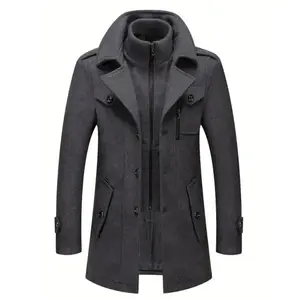 Men's Stand Collar Wool Blend Pea Coats With Removable Single Breasted Overcoat Menswear Jackets Long Sleeve