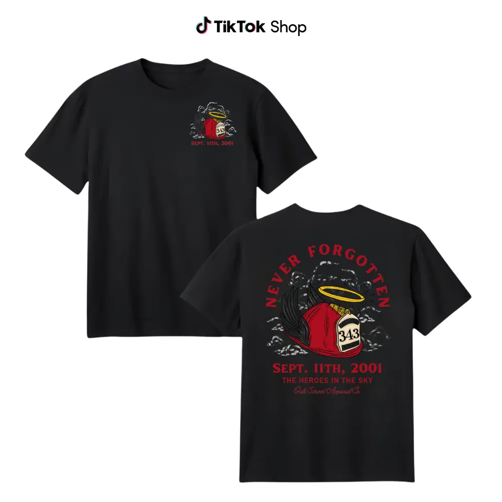 Never Forgotten 343 9/11 Anniversary Short-Sleeve Round Neck Casual T-Shirt, Vintage Streetwear Memorial Top Honoring Fallen Firefighters, Patriotic Tribute Gift For Firefighter Families, Shortsleeve, Tshirt