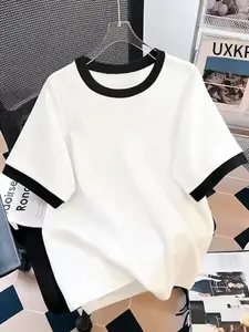 Women's Colorblock Contrast Binding Short Sleeve Top, Loose Fit Casual Baseball Style Tee for All Seasons, Daily Commute & Shopping