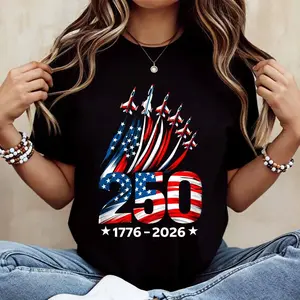 American Flag 250th Anniversary 1776 2026 Air Force Jet Formation Print T Shirt White Casual Loose Fit For Everyday Wear And Outdoor Activities