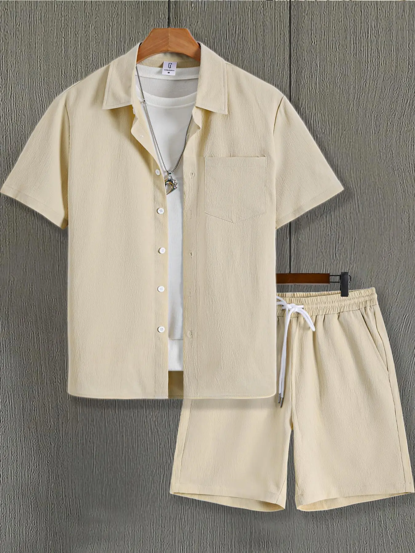 Two-Piece Set Men's Solid Color Short Sleeve Shirt & Drawstring Waist Shorts, Regular Fit Casual Loungewear Fashion Cozy Breathable Men Two-Piece Outfits for Summer