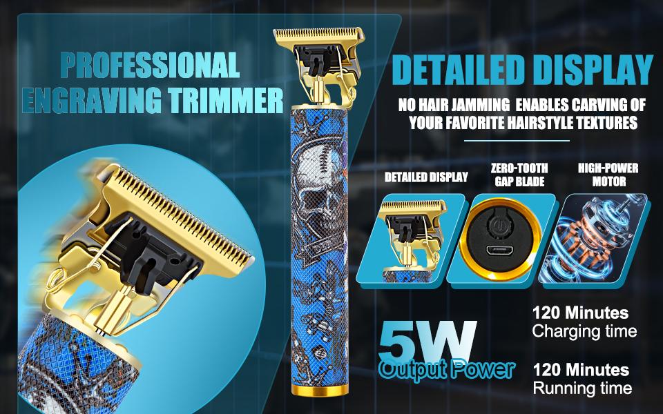 LQT Blue Gradient Skull Graffiti 3-in-1 Men's Grooming Kit, Cordless Hair Clipper with Blue LED Display, Gold T-Blade Trimmer & Shaver, Complete Rechargeable Barber Set for Salon & Home DIY Fades, Edges & Beard Styling