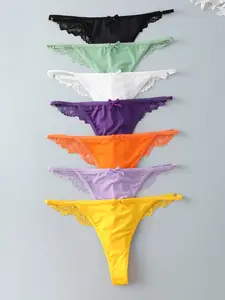 Women's Lace Trim Thong Panties Set, Sweet & Sexy Seamless Comfort Low Waist Underwear, 7-Piece Pack for Daily Wear, Seamless Undergarment