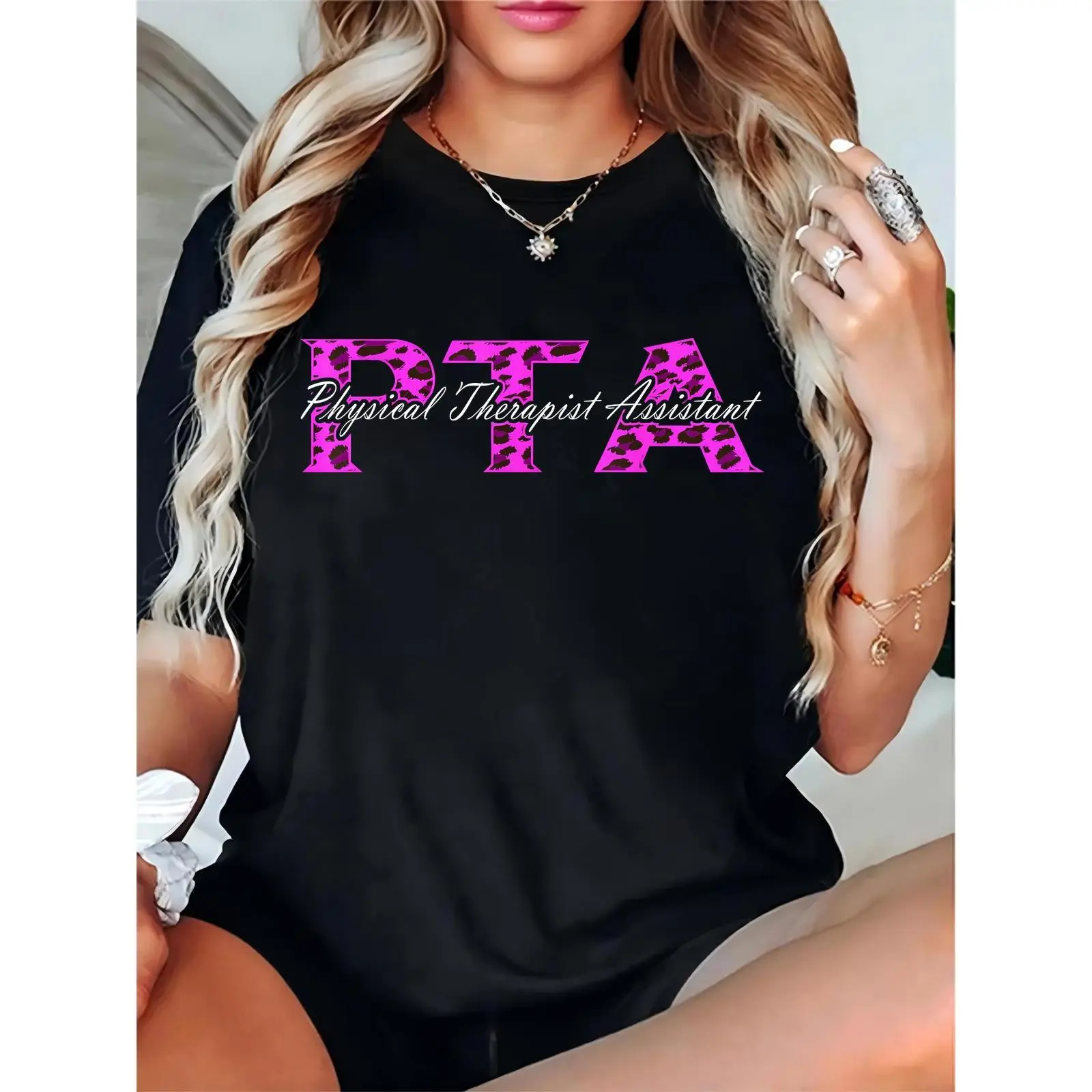 Ladies' PTA Graphic T-Shirt, Casual Cotton Round Neck Top with Short Sleeve, Feminine Essential Day Shirt for Work, Pairs with Skirts, Comfortable, Tshirt, Tee