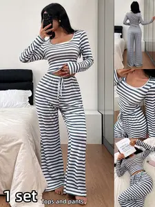 Two-Piece Set Striped Women's Square Neck Fashion Striped Casual Slim-Fit Long Sleeve Pants Pajama Set for Home and Office