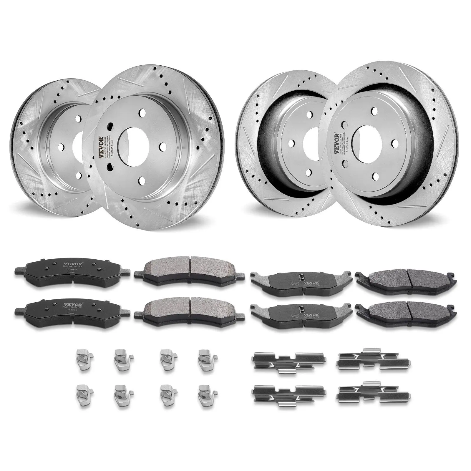 VEVOR Drilled-Slotted Brake Rotors & Ceramic Pads Kit, 2 Front & 2 Rear, Perfect Fit for Dodge Ram 1500, Dynamic Balancing, Easy Installation