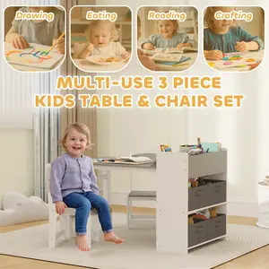 Qaba Kids Art Table & Easel Chair Set with Paper Roll, Toddler Desk and Chairs Set with Storage Shelves and Drawers, Activity Craft and Play Table for Writing Drawing Aged 3-8 Years Old