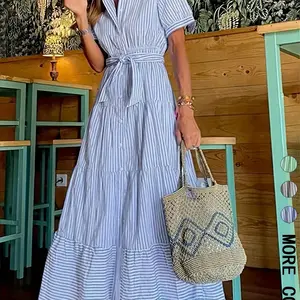 Women's Striped Print Belted, Elegant Casual  Long Dress for Summer, Women's Clothing for Daily Wear, Classy Modest Dresses