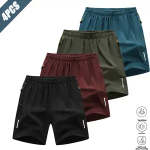 Men’s versatile four-pack athletic shorts in a casual sporty style, made from quick-drying, breathable, skin-friendly, wrinkle-resistant fabric with zippered pockets for storing essentials. Side reflective stripes enhance safety, and a drawstring waistban