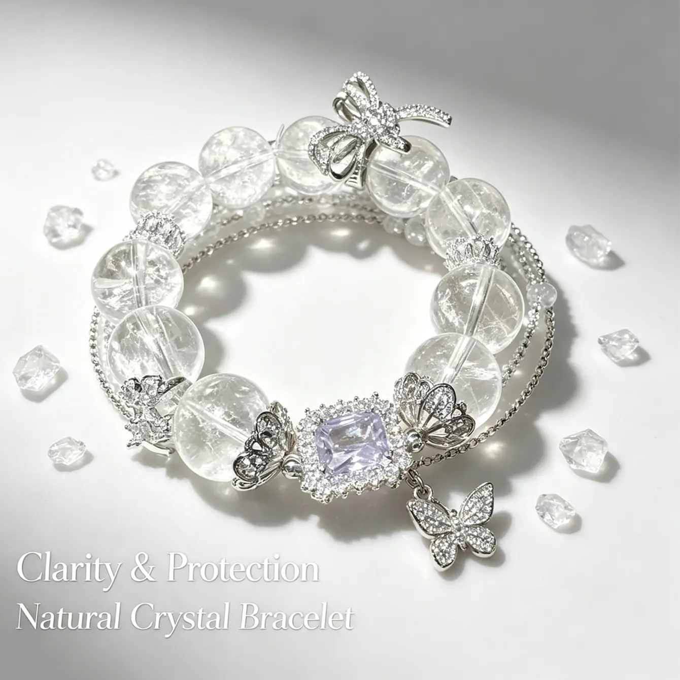 Clarity & Protection Natural Crystal Bracelet - White 58USD - Elegant Butterfly Design - Perfect for Gift