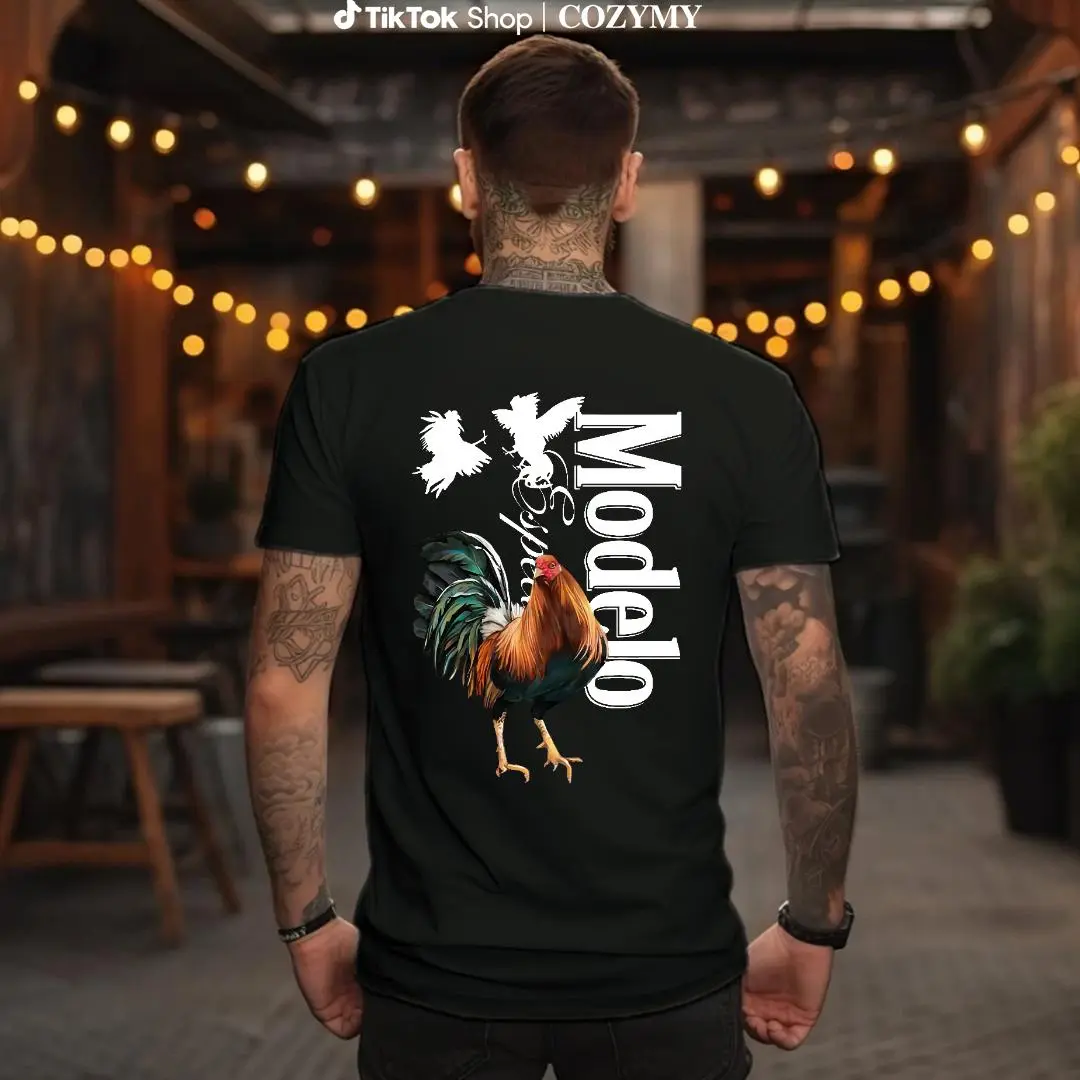 Rooster Model T-Shirt - Bold Rooster Graphic with Dynamic Fighting Cocks, Perfect for Beer Lovers and Fiesta Enthusiasts, Casual Daily Wear, Relaxed Fit, Unisex Style, Unique Modelo Design Crewneck Men's Classic